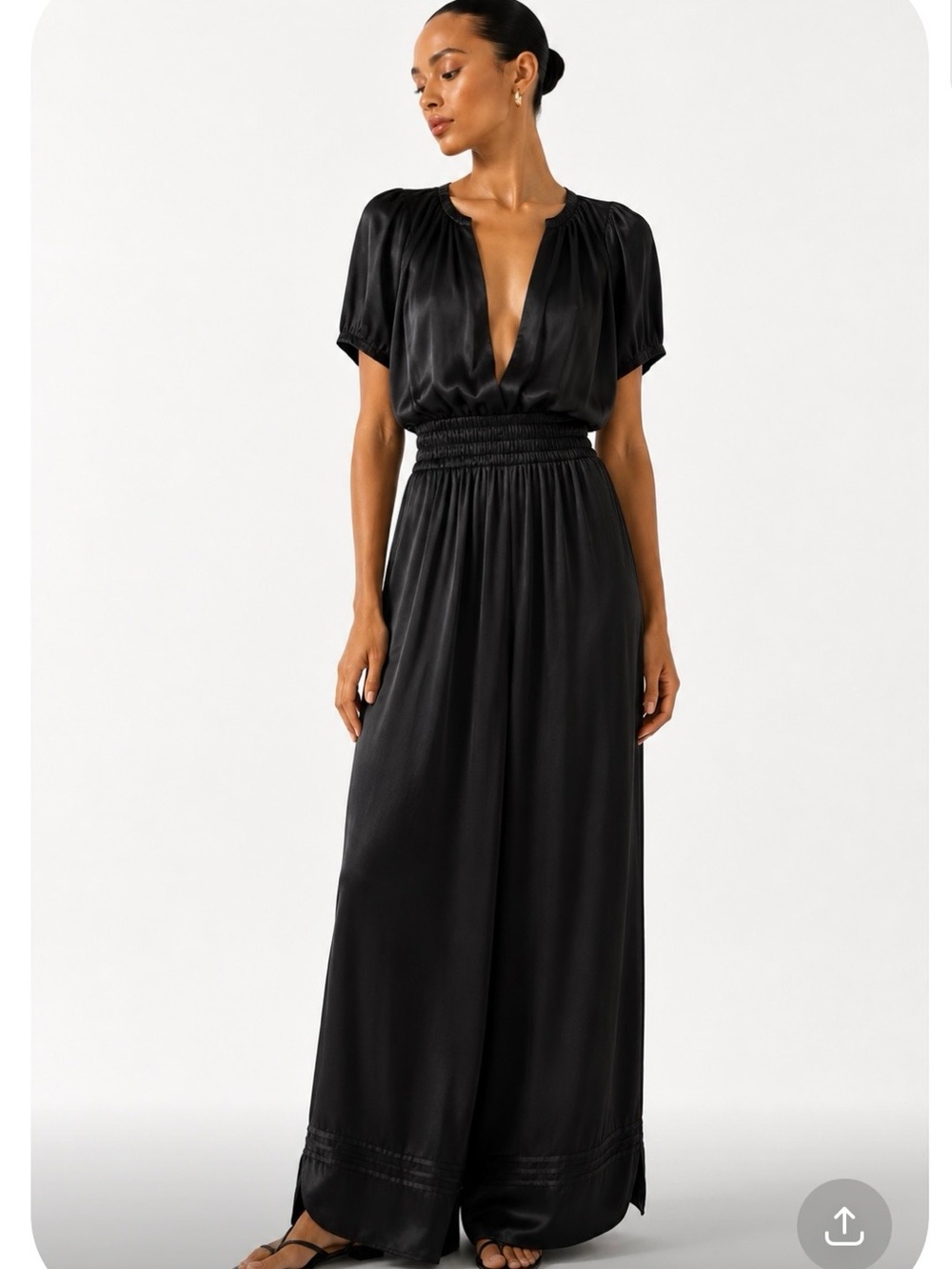 ANTHROPOLOGIE Somerset Satin Black Deep-V Wide Leg Jumpsuit Size Medium